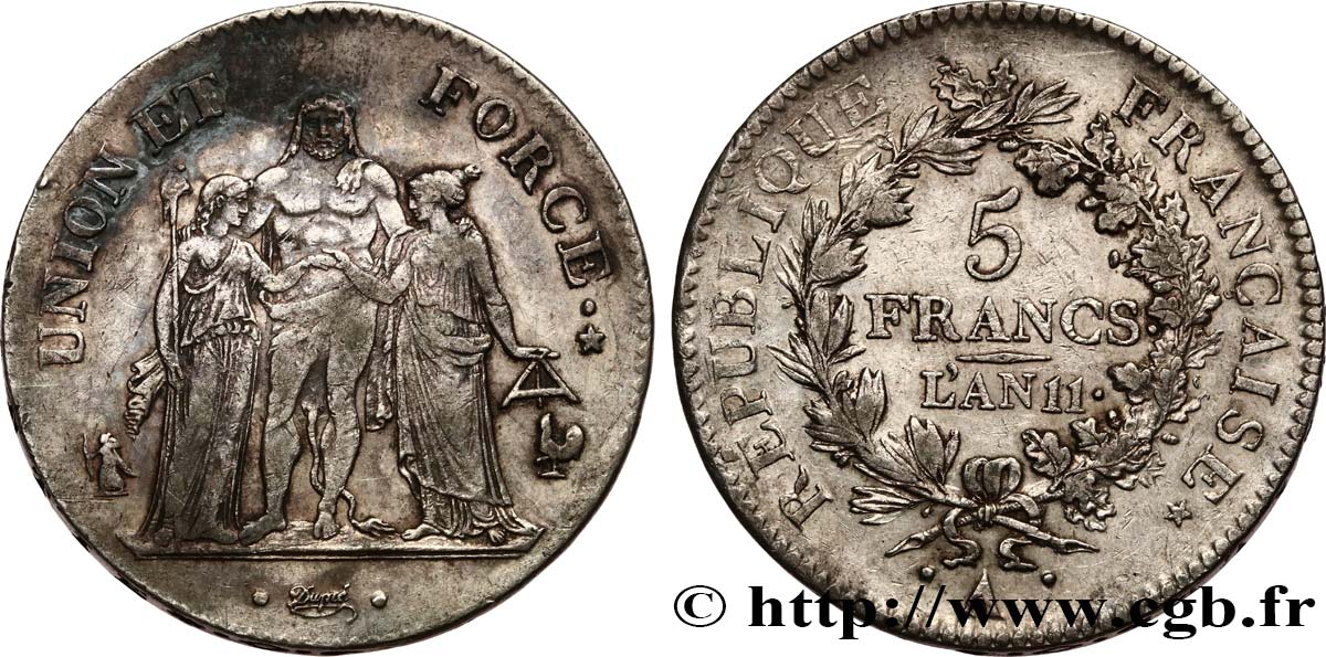 5 francs Union et Force, Union serré, seulement glands intérieurs 1803 Paris F.288/187 XF 