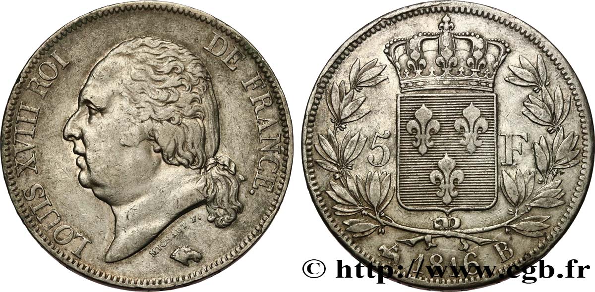 5 francs Louis XVIII, tête nue 1816 Rouen F.309/2 XF40 