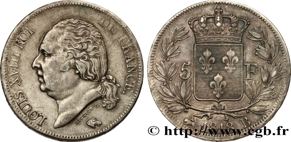 5 francs Louis XVIII, tête nue 1818 Rouen F.309/29 TTB 