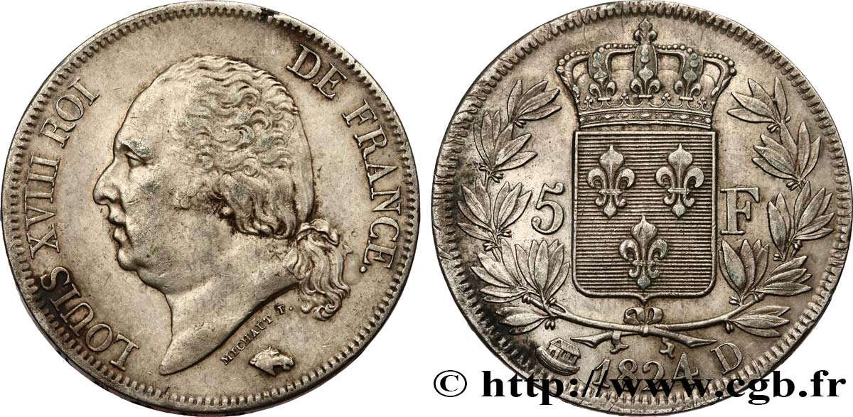 5 francs Louis XVIII, tête nue 1824 Lyon F.309/90 MBC 