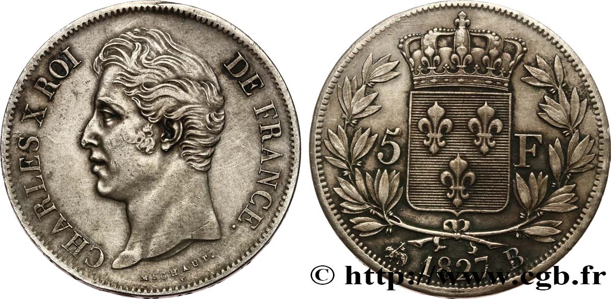 5 francs Charles X, 2e type 1827 Rouen F.311/2 TB+ 