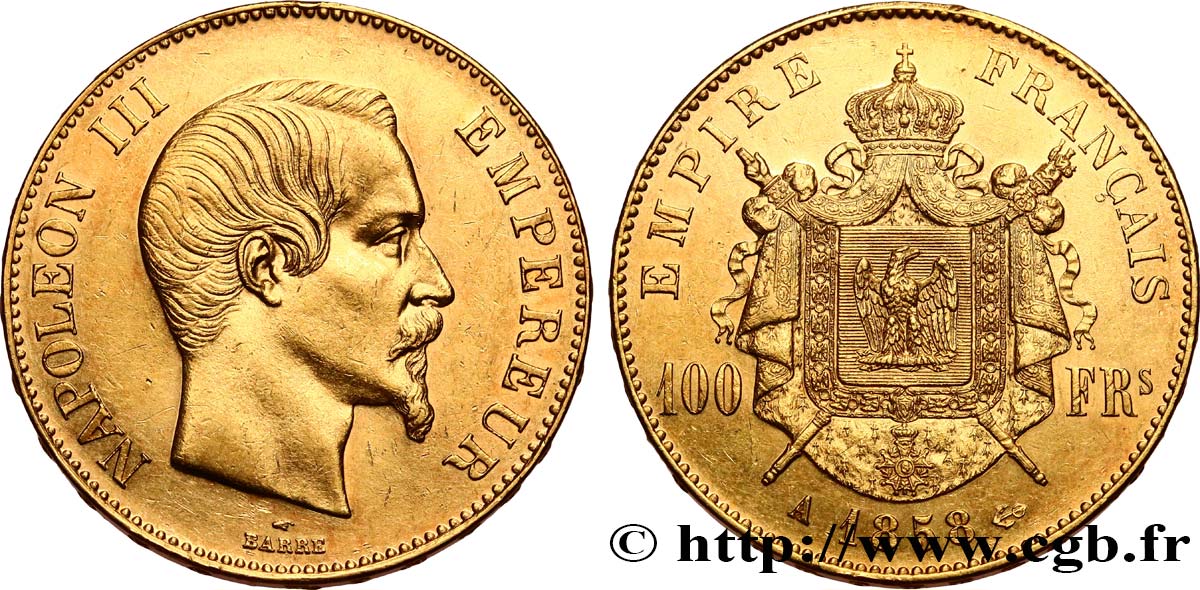 100 francs or Napoléon III, tête nue 1858 Paris F.550/5 SUP 