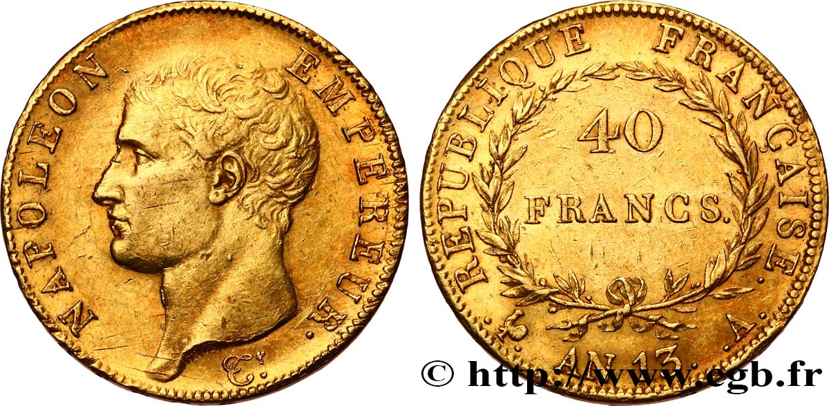40 francs or Napoléon tête nue, Calendrier révolutionnaire 1805 Paris F.537/1 AU50 