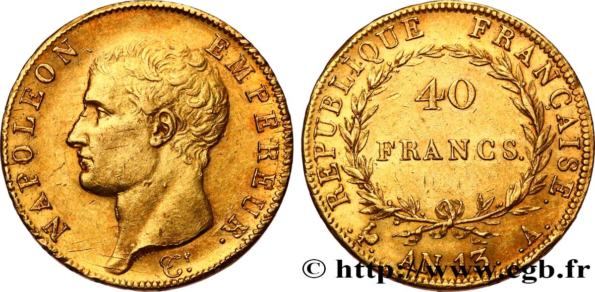 40 francs or Napoléon tête nue, Calendrier révolutionnaire 1805 Paris F.537/1 MBC50 