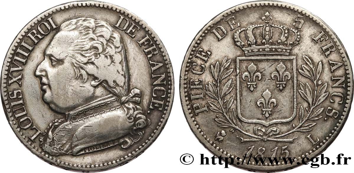 5 francs Louis XVIII, buste habillé 1815 Bayonne F.308/24 TB+ 