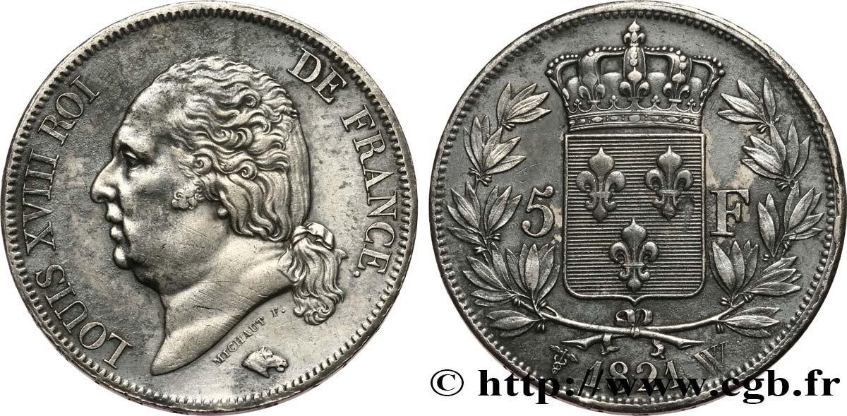 5 francs Louis XVIII, tête nue 1821 Lille F.309/67 AU 