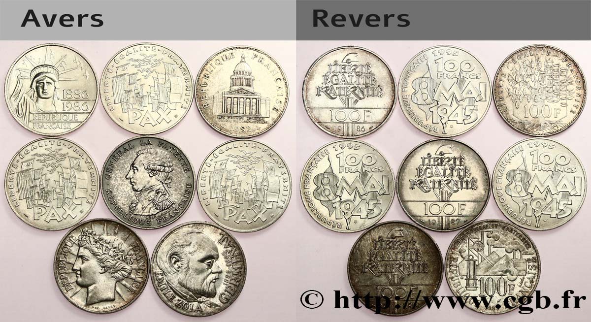 Lot de 8 pièces de 100 francs commémoratives - - F.-/ SS 