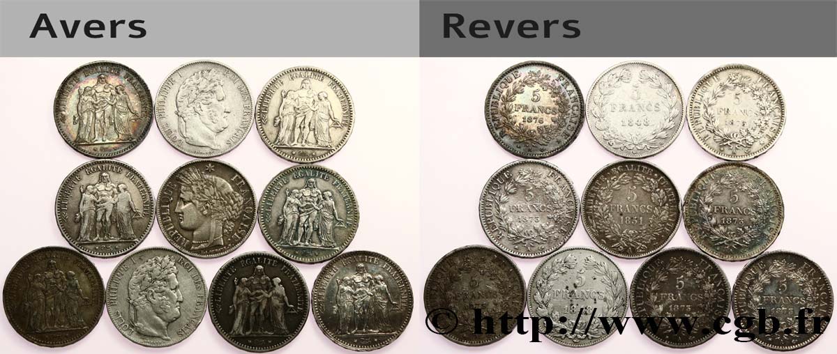 Lot de dix écus de 5 francs n.d.  F.-/ BC 