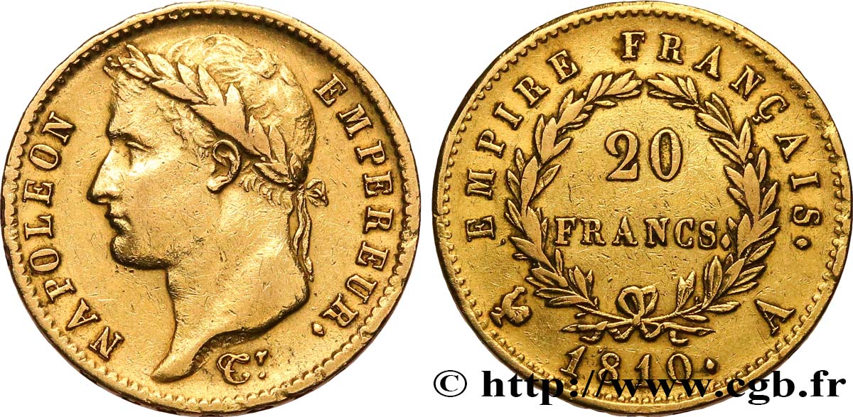 20 francs or Napoléon tête laurée, Empire français 1810 Paris F.516/8 BB 