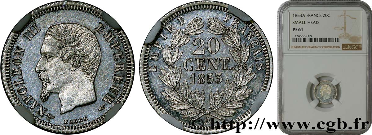 20 centimes Napoléon III, tête nue, Flan Bruni 1853 Paris F.148/1 var. SPL61 NGC