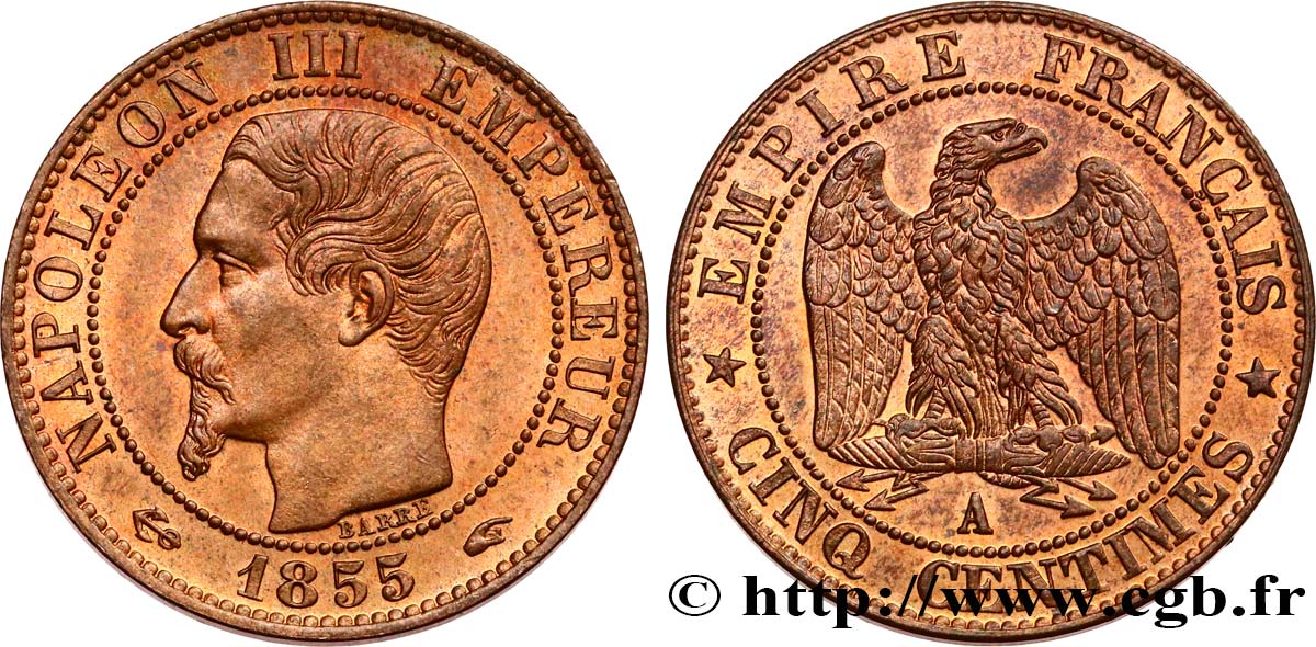 Cinq centimes Napoléon III, tête nue 1855 Paris F.116/17 MS64 