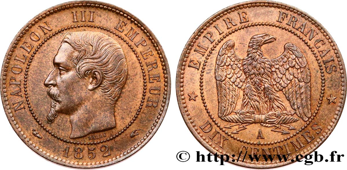 Dix centimes Napoléon III, tête nue 1852 Paris F.133/1 SC63 