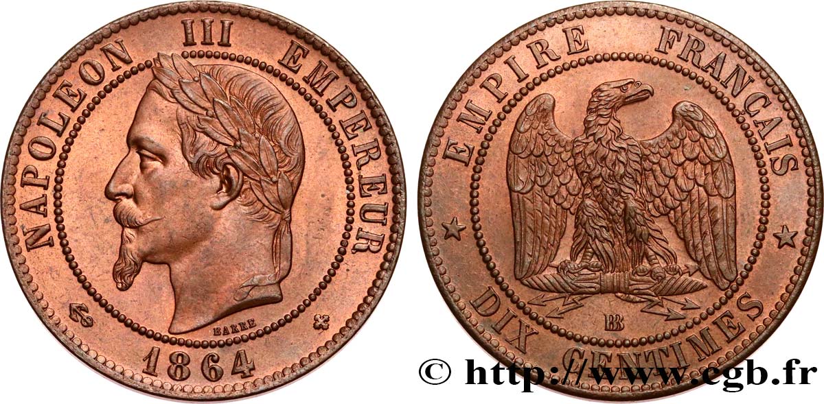 Dix centimes Napoléon III, tête laurée 1864 Strasbourg F.134/14 SPL64 