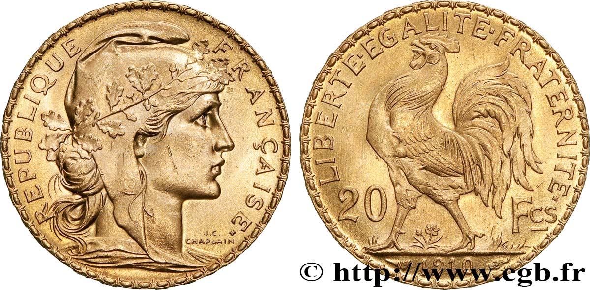 20 francs or Coq, Liberté Égalité Fraternité 1910 Paris F.535/4 SUP+ 
