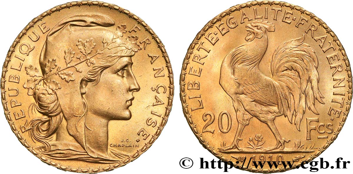 20 francs or Coq, Liberté Égalité Fraternité 1910 Paris F.535/4 MS 