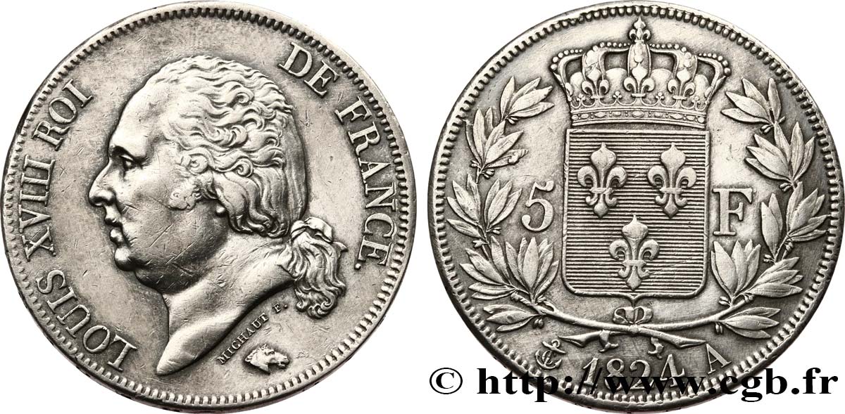 5 francs Louis XVIII, tête nue 1824 Paris F.309/88 MBC 