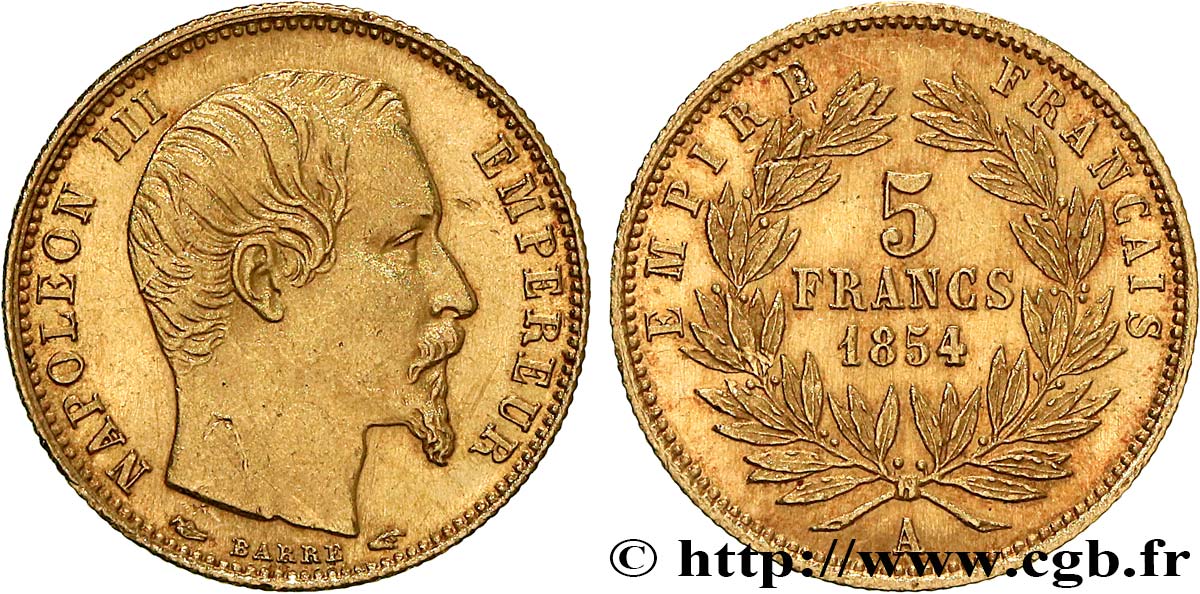 5 francs or Napoléon III, tête nue, petit module, tranche cannelée 1854 Paris F.500A/1 SUP+ 