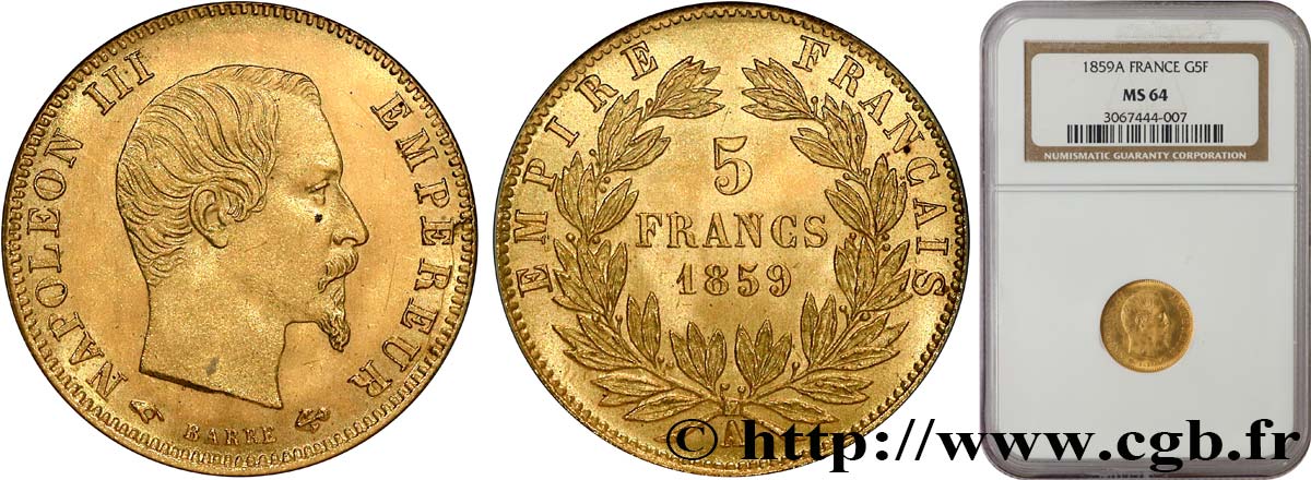 5 francs or Napoléon III, tête nue, grand module 1859 Paris F.501/7 SC64 NGC