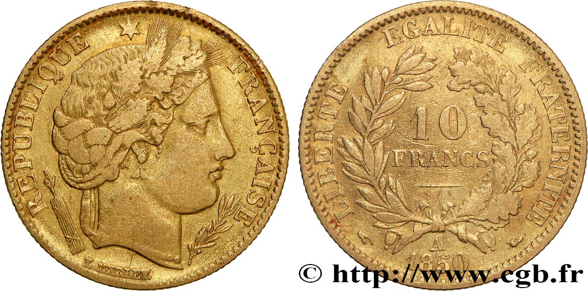 10 francs or Cérès, IIe République, levrette oreille haute 1850 Paris F.504/1 fSS 