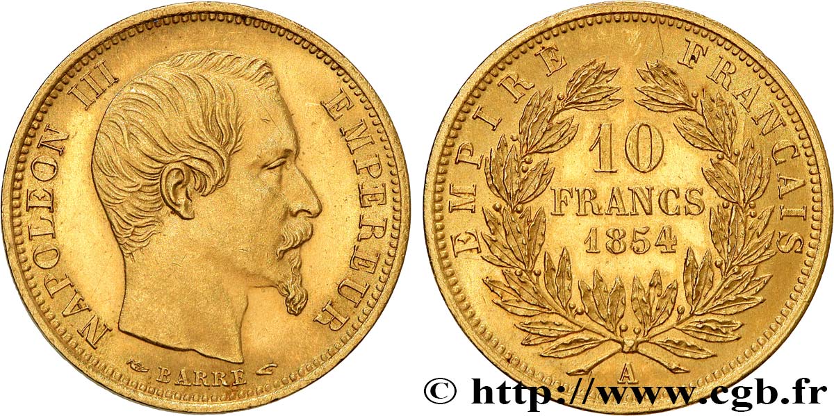 10 francs or Napoléon III, tête nue, petit module, tranche lisse 1854 Paris F.505/1 SPL62 