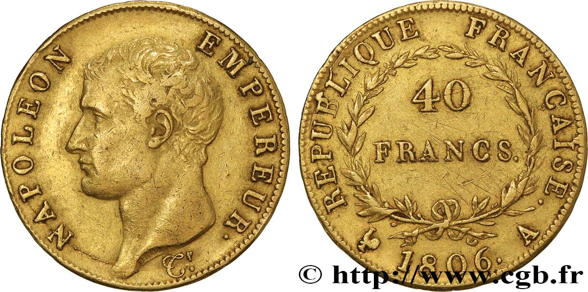40 francs or Napoléon tête nue, Calendrier grégorien 1806 Paris F.538/1 SS 