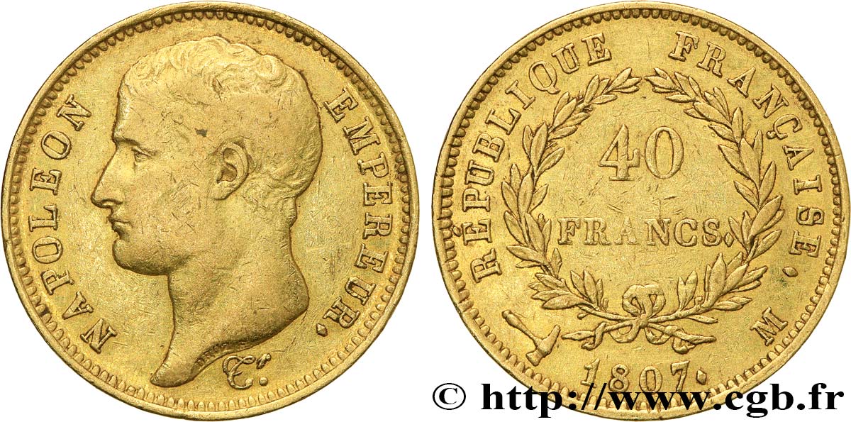 40 francs or Napoléon tête nue, type transitoire 1807 Toulouse F.539/3 BB 