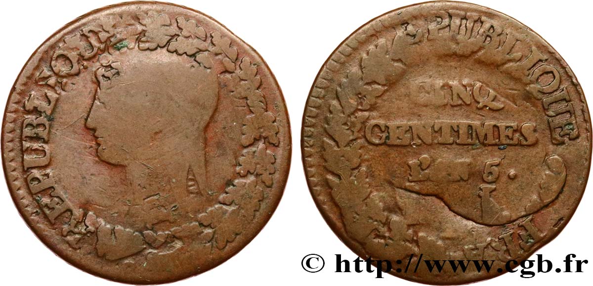 Cinq centimes Dupré, grand module,  refrappage  du décime 1797 Lyon F.114/7 TB 