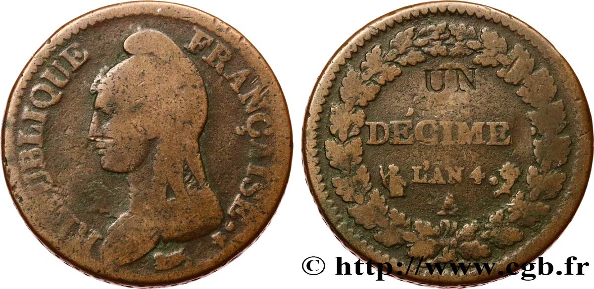 Un décime Dupré, modification du 2 décimes 1796 Paris F.127/1 TB15 