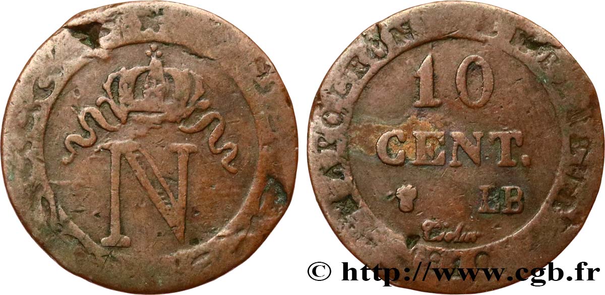 Faux de 10 cent. à l N couronnée 1810 Strasbourg F.130/12 var. BC 