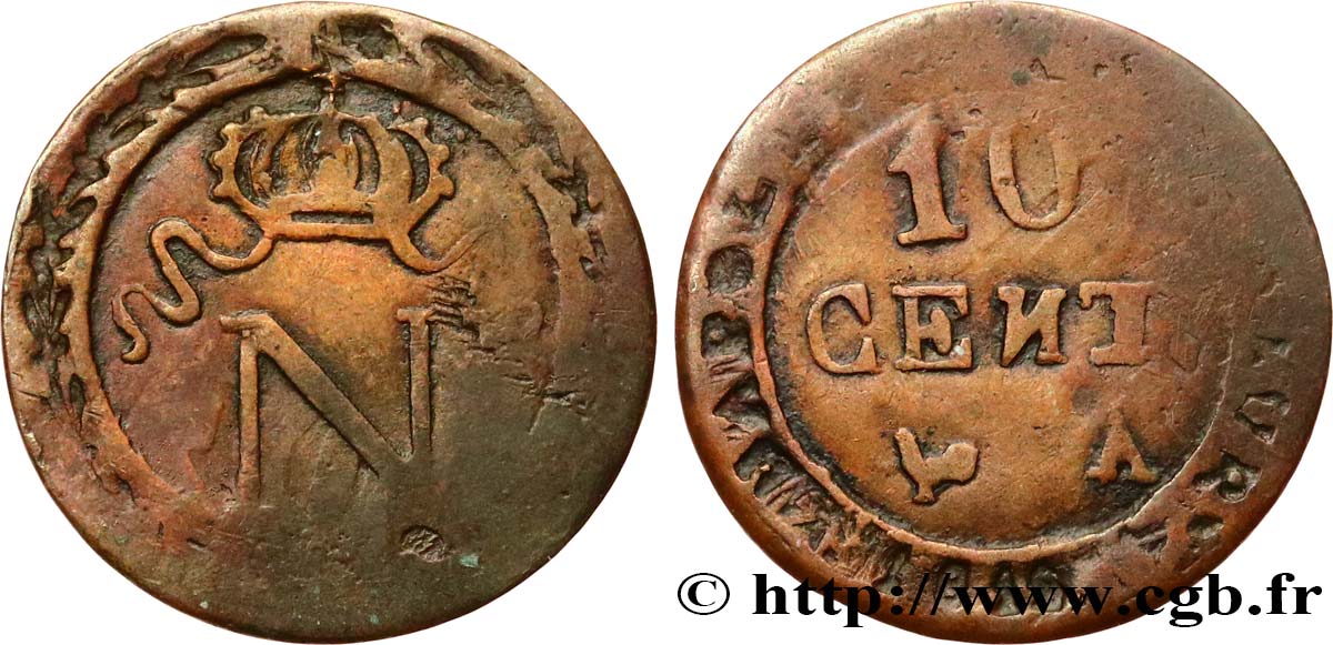 Faux de 10 cent. à l N couronnée 1810 Paris F.130/10 var. BC25 