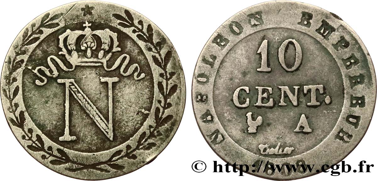 Faux de 10 cent. à l N couronnée 1808 Paris F.130/2 var. BC+ 