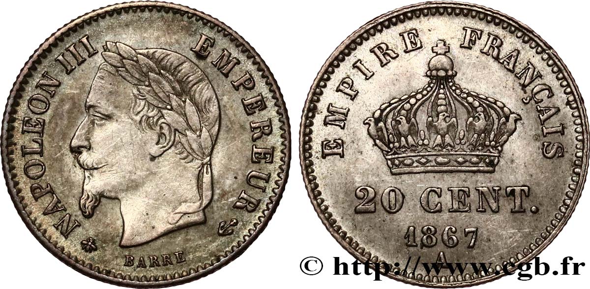 20 centimes Napoléon III, tête laurée, grand module 1867 Paris F.150/1 SUP 