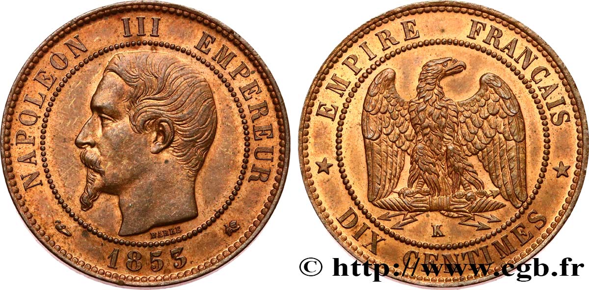 Dix centimes Napoléon III, tête nue 1853 Bordeaux F.133/7 SPL63 