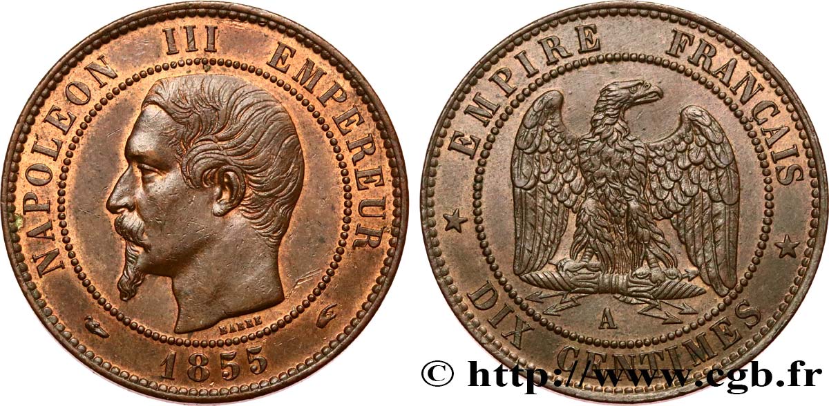 Dix centimes Napoléon III, tête nue 1855 Paris F.133/19 AU58 