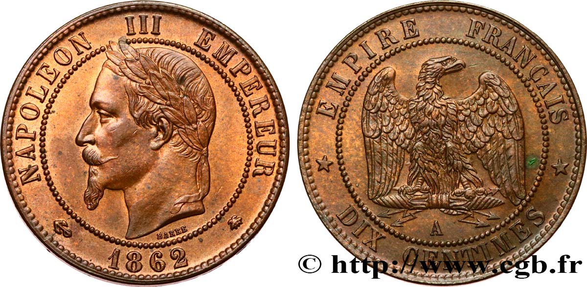 Dix centimes Napoléon III, tête laurée 1862 Paris F.134/7 fST63 