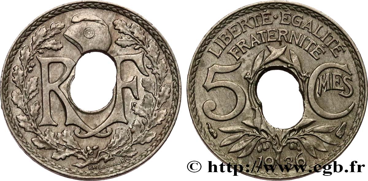 5 centimes Lindauer, petit module, double perforation 1936  F.122/19 var. SPL55 