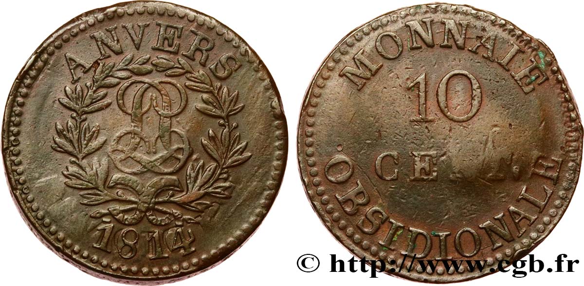 10 cent. Anvers au double L, frappe de l’arsenal de la marine 1814  Anvers F.130D/1 AU50 