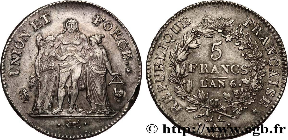 5 francs Union et Force, Union serré, glands intérieurs, gland extérieur, petite feuille 1798 Paris F.288/33 TTB53 