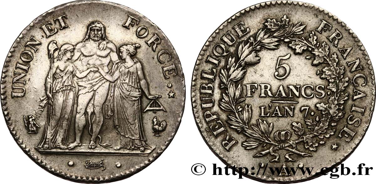 5 francs Union et Force, Union serré, avec glands intérieurs et gland extérieur 1799 Paris F.288/95 AU 