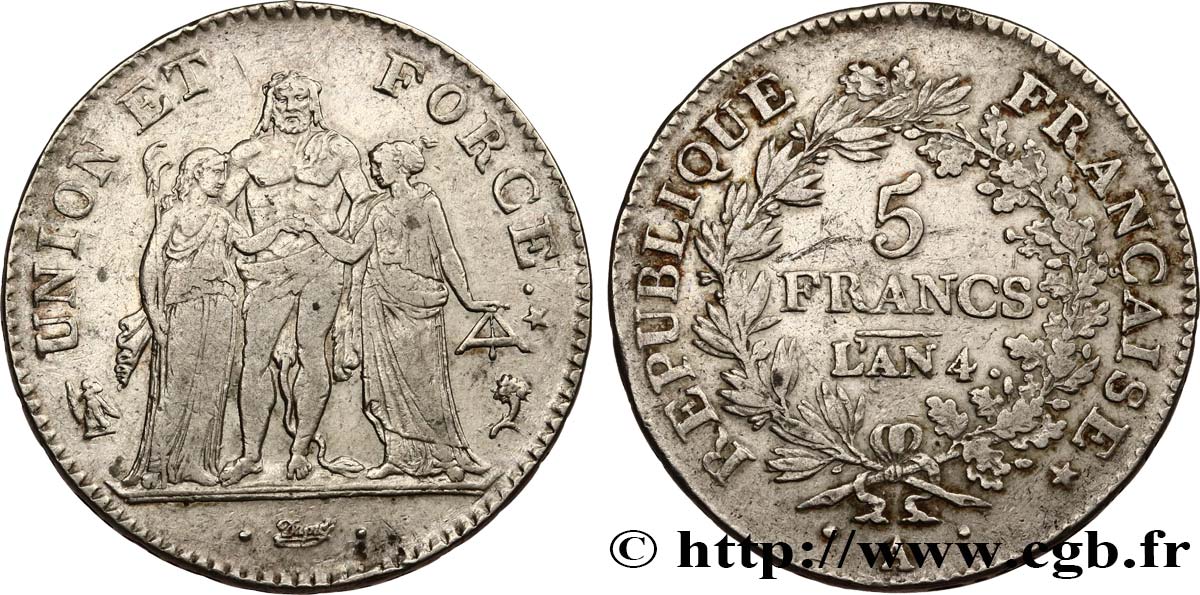 5 francs Union et Force, Union desserré, avec glands intérieurs et gland extérieur 1796 Paris F.291/1 TTB45 