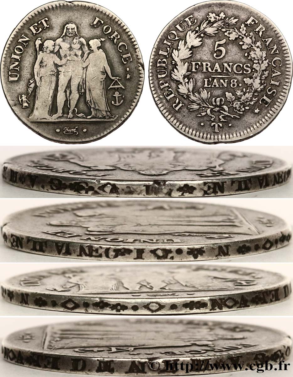 5 francs Union et Force, Union serré, avec glands intérieurs et gland extérieur, Tranche Fautée 1800 Nantes F.288/151 BC30 