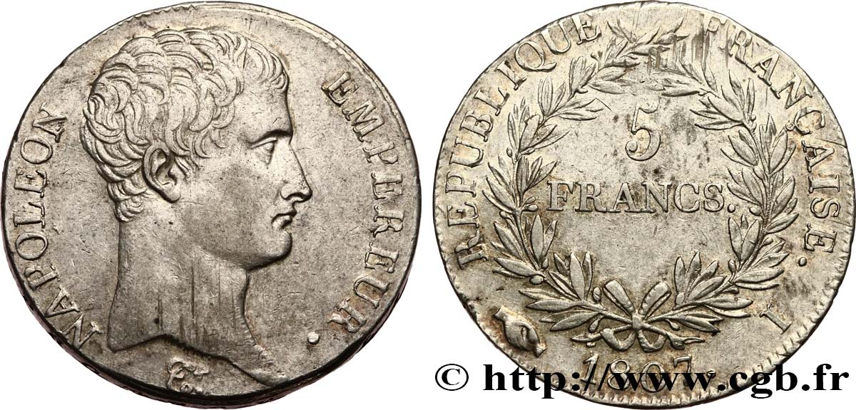 5 francs Napoléon Empereur, Calendrier grégorien 1807 Limoges F.304/16 MBC 