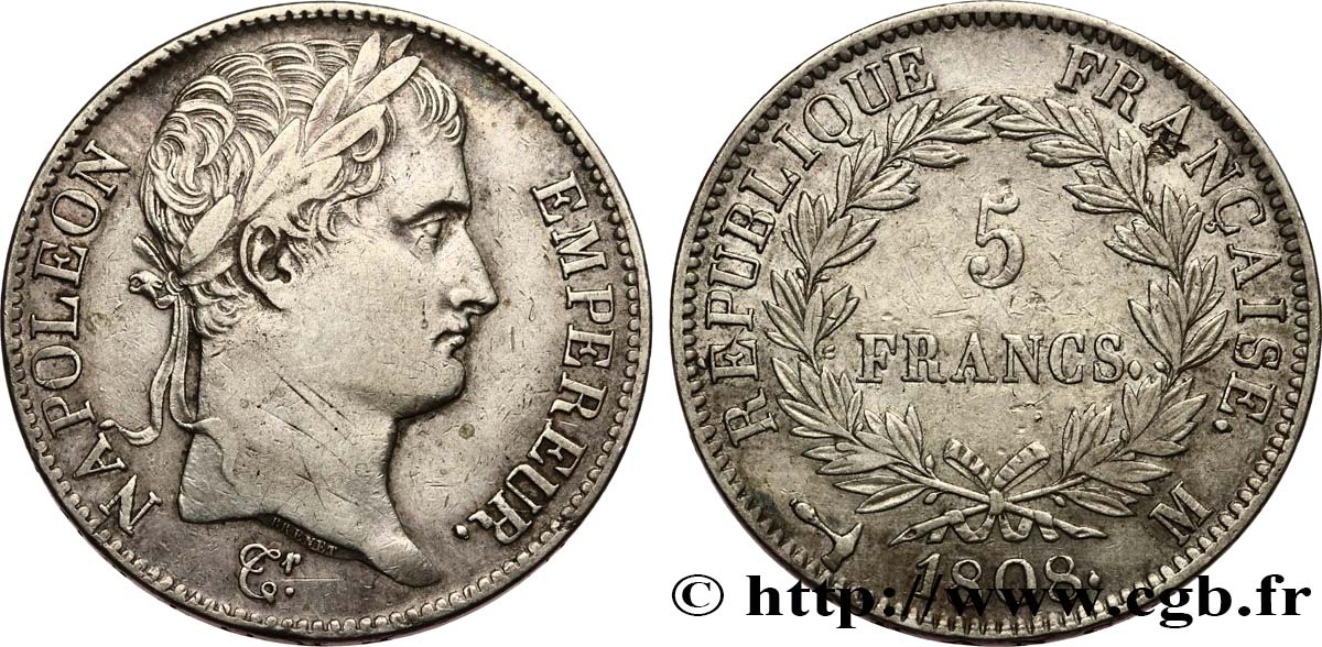 5 francs Napoléon Empereur, République française 1808 Toulouse F.306/10 BB 