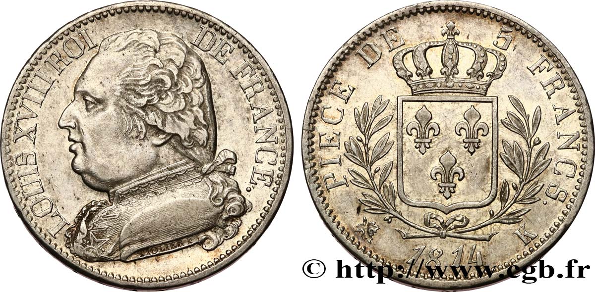 5 francs Louis XVIII, buste habillé 1814 Bordeaux F.308/7 TTB53 