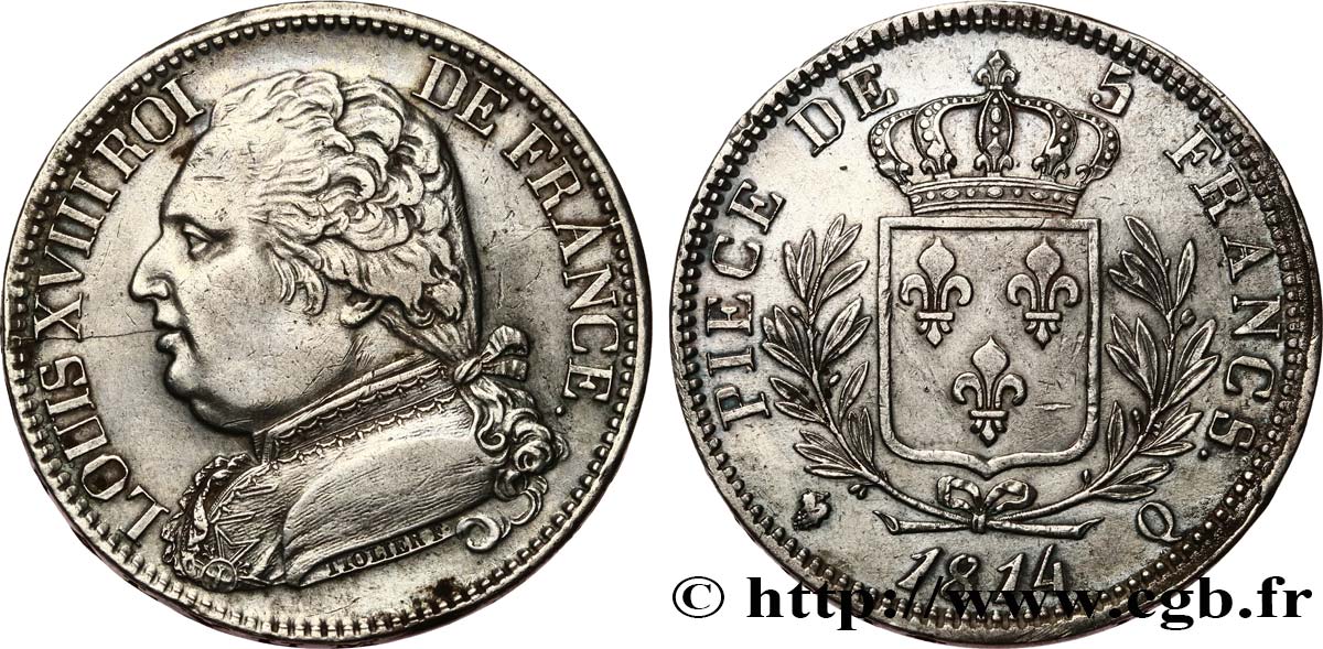 5 francs Louis XVIII, buste habillé 1814 Perpignan F.308/11 BB53 