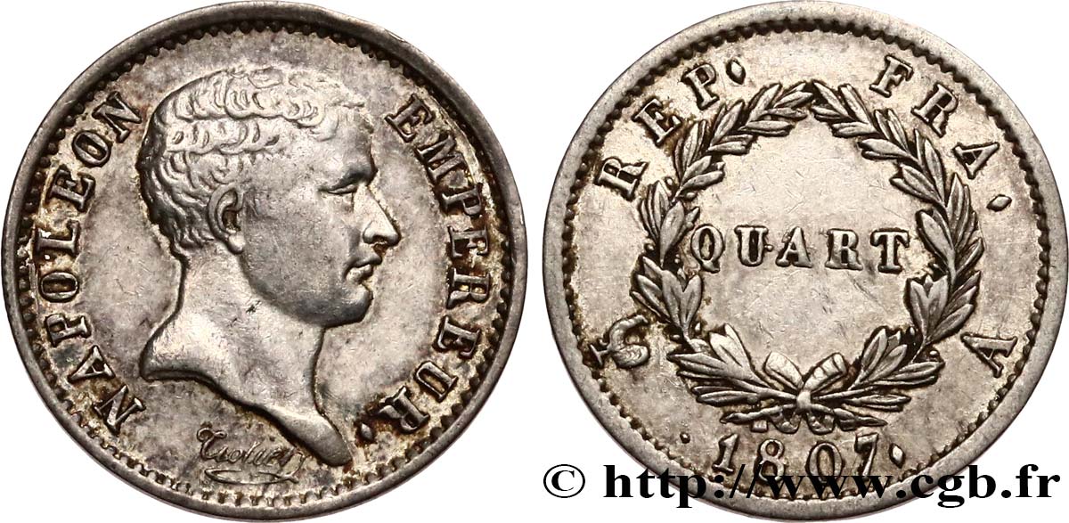 Quart (de franc) Napoléon Empereur, tête de nègre 1807 Paris F.160/1 TTB+ 