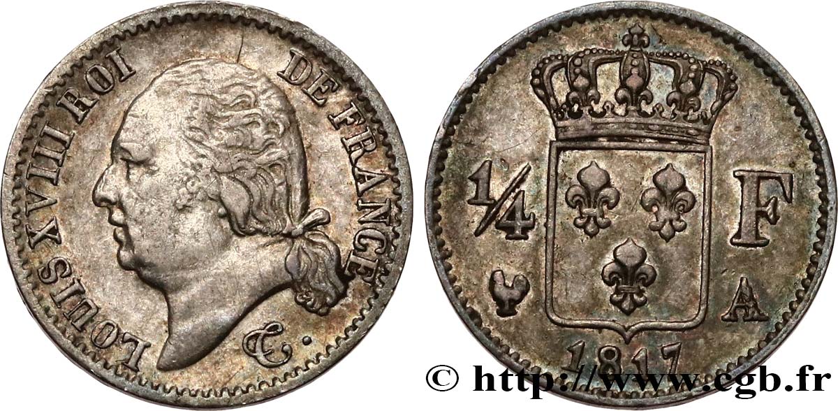 1/4 franc Louis XVIII  1817 Paris F.163/1 XF40 