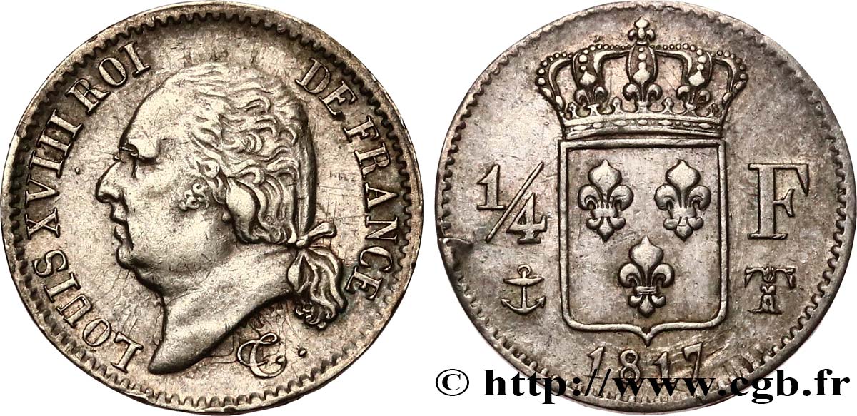 1/4 franc Louis XVIII 1817 Nantes F.163/10 AU 