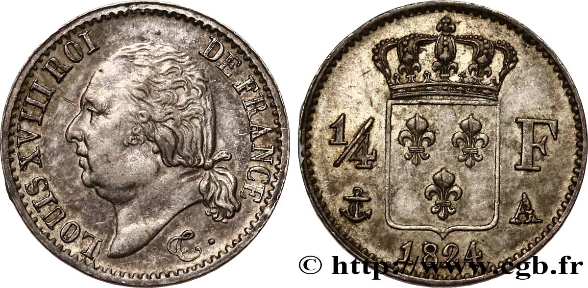 1/4 franc Louis XVIII  1824 Paris F.163/31 SUP60 