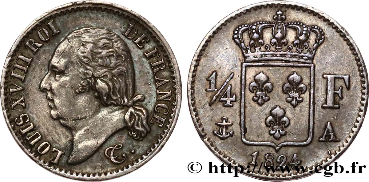 1/4 franc Louis XVIII  1824 Paris F.163/31 MBC+ 